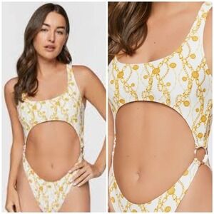 Forever 21 Womens Gold Chain Print Cutout One Piece Swimsuit White Yellow S NWT